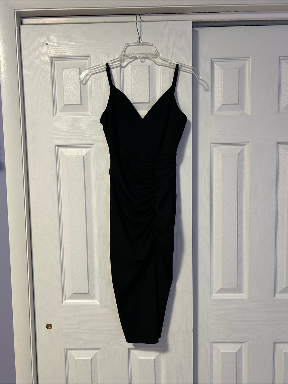 Emerald Sundae Black V-Neck Ruched Midi Dress